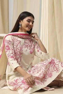 Off-White and Pink Cotton Straight Suit Set
