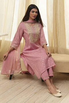 Dull Pink Embroidered Straight Suit Set