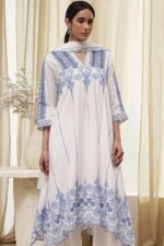White and Blue Cotton Asymmetric Suit Set - Image 6