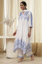 White and Blue Cotton Asymmetric Suit Set - Image 8