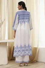 White and Blue Cotton Asymmetric Suit Set - Image 3