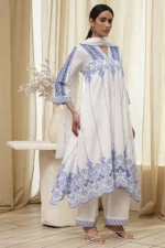 White and Blue Cotton Asymmetric Suit Set - Image 4