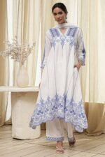 White and Blue Cotton Asymmetric Suit Set - Image 5