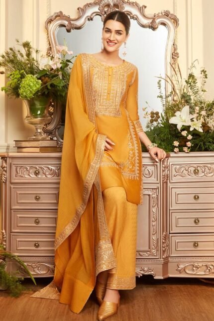 Ochre Yellow Cotton Silk Straight Suit Set