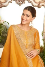 Ochre Yellow Cotton Silk Straight Suit Set - Image 2
