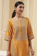 Ochre Yellow Cotton Silk Straight Suit Set - Image 3