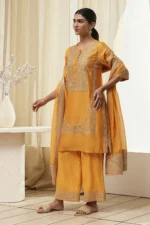 Ochre Yellow Cotton Silk Straight Suit Set - Image 5