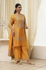 Ochre Yellow Cotton Silk Straight Suit Set - Image 7