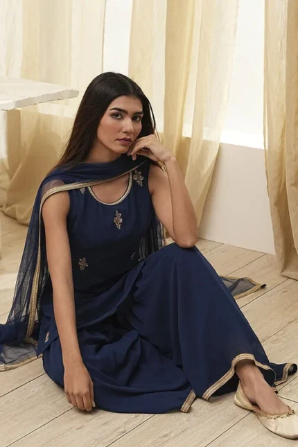 Blue Embroidered Straight Suit Set