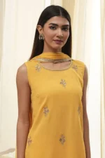 Ochre Yellow Embroidered Straight Suit Set - Image 3