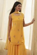 Ochre Yellow Embroidered Straight Suit Set