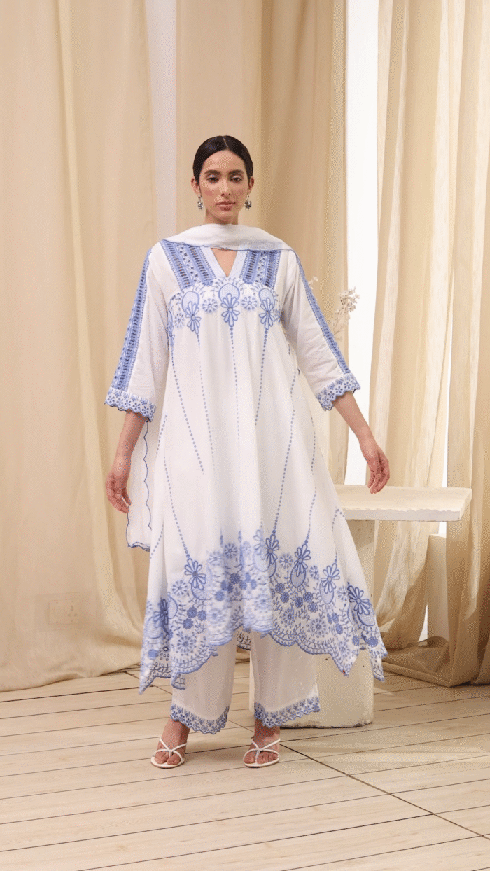White and Blue Cotton Asymmetric Suit Set - Image 2